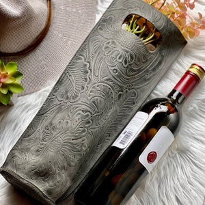 Handcrafted Wine bottle holder • Embossed leather wine caddy • Personalized Gifts • Leather wine accessories