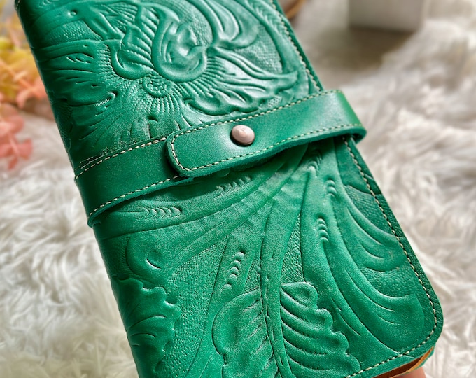 Green Leather Wallet Women • Personalized Slim Wallet • Gift for Her