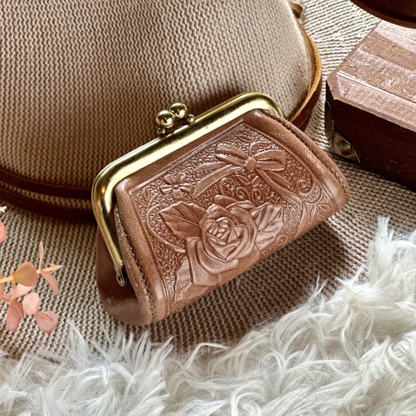 Vintage Inspired  Embossed leather Rose coin purse   • coin pouch • gift for her