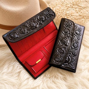 Women’s Leather Wallet with Embossed Roses • Two-Tone Design • Personalized Gift for Her