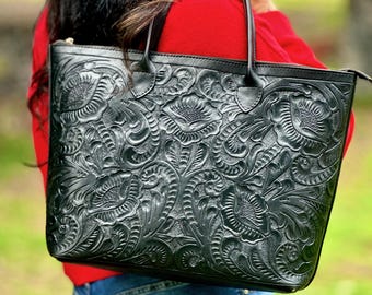 Punzierte Leder Tragetasche, Floral Leder Tragetasche, Boho Western Große Ledertasche mit Reißverschluss