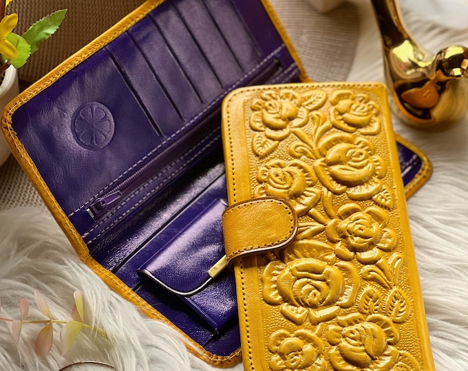 Spring Floral Leather Wallet for Women • Yellow Cottagecore Wallet with Roses • Handmade Personalized Gift with Purple Interior