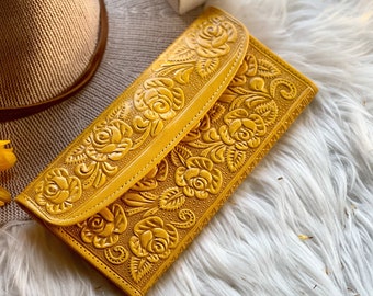 Handmade Embossed Floral Long Leather Wallet for Women – Personalized Engraving