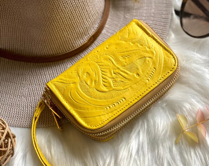 Small Handmade Leather Wallet with Wristlet • Personalized Gift for Women