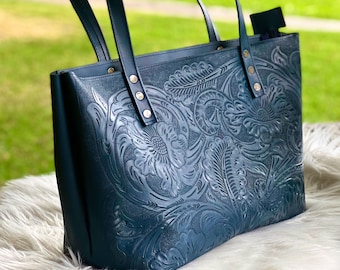 Handcrafted embossed leather tote bags for women  • Personalized gifts for her
