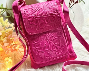 Personalized Leather Crossbody Phone Bag – Small Embossed Floral Cellphone Purse with Adjustable Strap