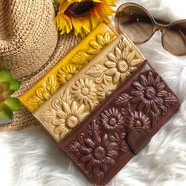 Handmade leather sunflowers wallets for women • personalized gifts for her