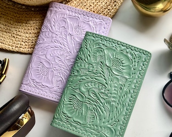 Tooled Leather Passport Cover with AirTag Pocket: Handmade Travel Wallet