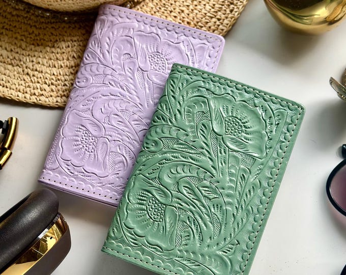Tooled Leather Passport Cover with AirTag Pocket: Handmade Travel Wallet