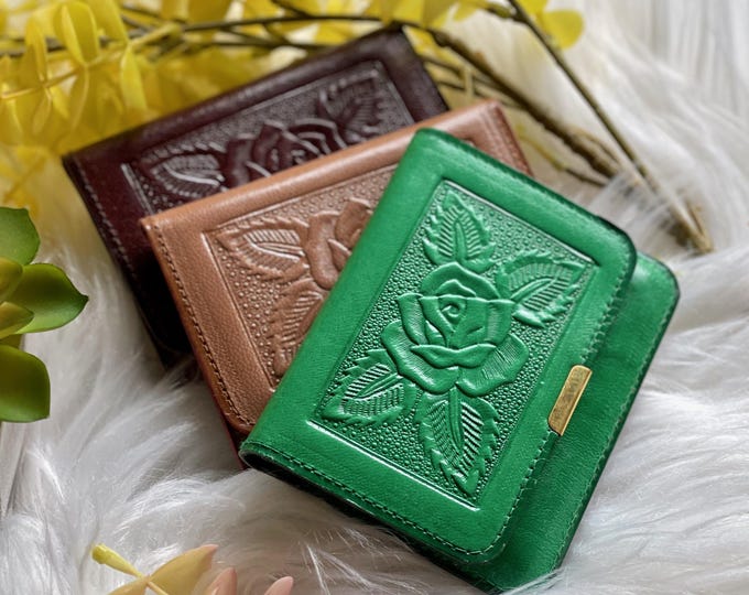 Embossed Leather Small Wallet for Women • Personalized Floral Wallet