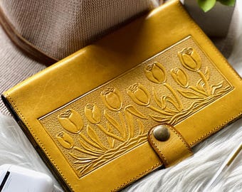 Double Passport Holder for Couples • Embossed Leather Passport Cover • Tulip Travel Wallet • Personalized Gift for Her