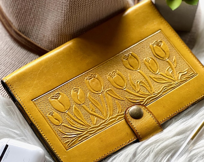 Double Passport Holder for Couples • Embossed Leather Passport Cover • Tulip Travel Wallet • Personalized Gift for Her