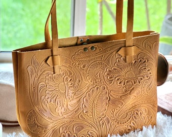 Bohemian Leather Tote Bag • Floral Tooled Western Tote Purse