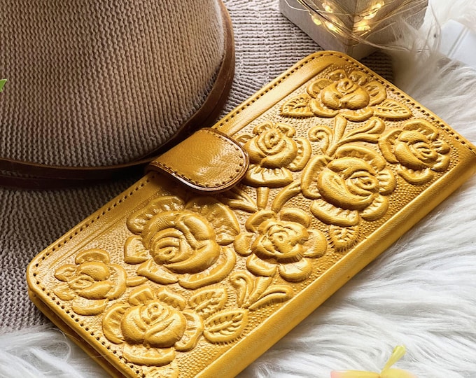 Handmade Embossed Rose Leather Wallet for Women • Personalized Floral Bifold • Romantic Gift for Her