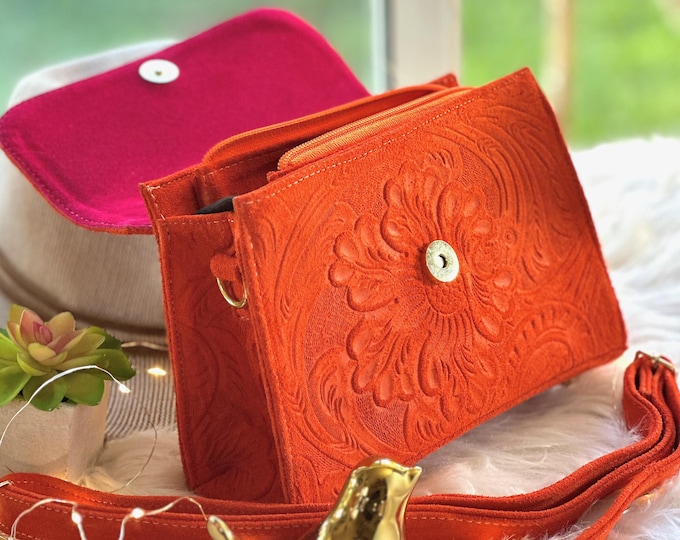 Handcrafted Small Leather Crossbody Bag • Embossed Floral Purse • Vibrant Messenger Bag • Personalized Gift for Her