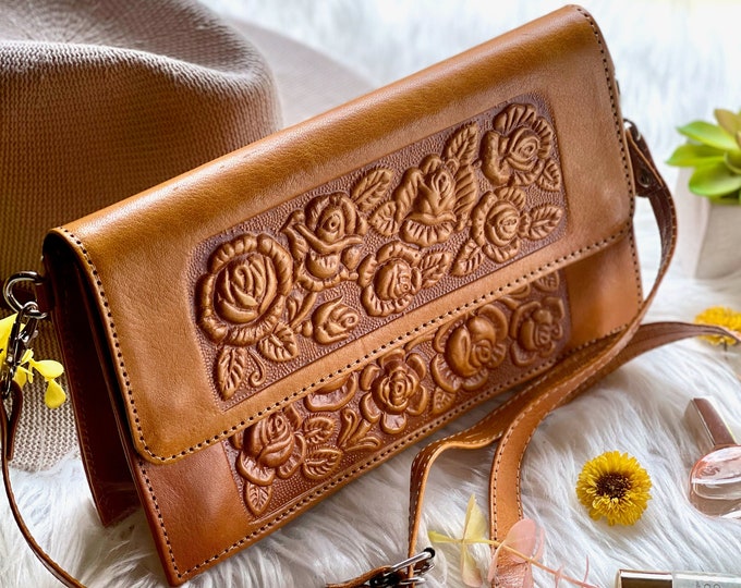 Floral Leather Crossbody Purse • Small Handmade Bag for Women • Personalized Gift for Her • Soft Leather Rose Embossed Handbag