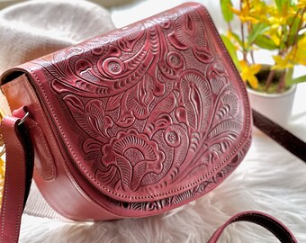 Carved leather Saddle Bag • Western purse crossbody • Small Bag for women • Western Gifts for her