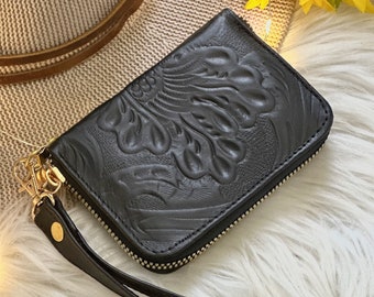 Cute embossed leather wristlet for women • women's wristlet wallet • small wallets leather • personalized gifts  • Zip wallet