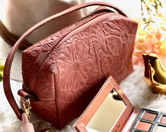 Leather Makeup Bag for Women • Personalized Floral Toiletry Pouch • Christmas or Hanukkah Gift