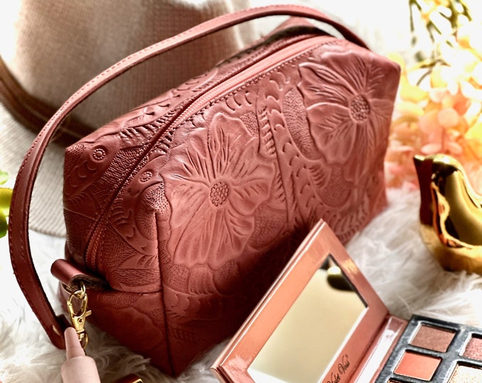 Leather Makeup Bag for Women • Personalized Floral Toiletry Pouch • Christmas or Hanukkah Gift