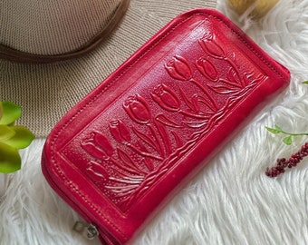 Cash Envelope Wallet • Embossed Tulip Zip Around Wallet • Custom Leather Wallet • Cute & Colorful Personalized Wallet for Women"
