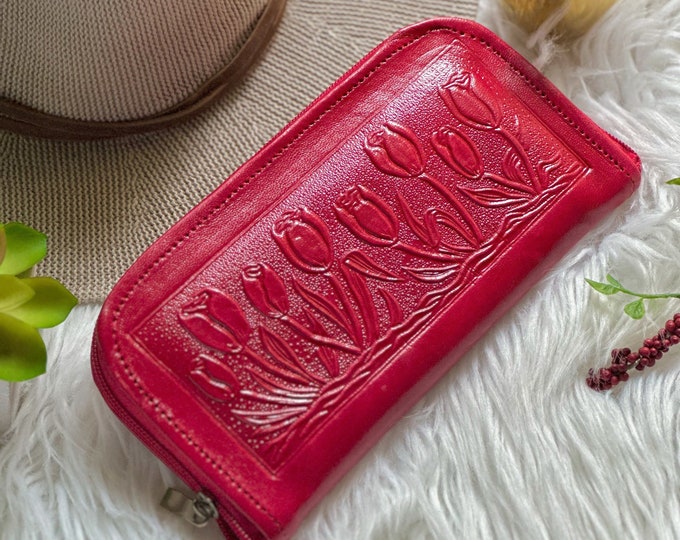 Cash Envelope Wallet • Embossed Tulip Zip Around Wallet • Custom Leather Wallet • Cute & Colorful Personalized Wallet for Women"
