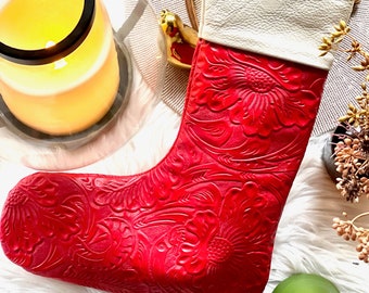Personalized Leather Christmas Stockings • Sustainable Gifts • Handmade Holiday Decor • Custom Christmas Stocking