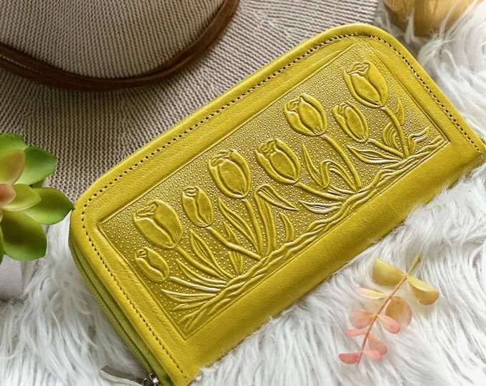 Personalized Tulip Leather Wallet for Women • Zip Around Clutch Wallet • Custom Gift for Her • Sustainable Leather Purse