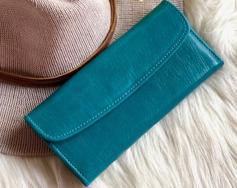 Engraved Teal Leather Wallet for Women: Handmade Long Wallet
