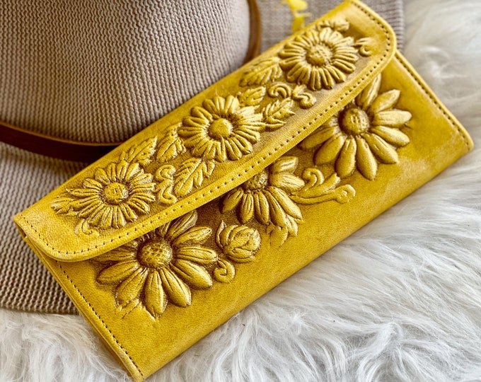 Bicolor leather wallet women's • vintage leather wallets •  wallets for women • leather Gifts •  Sunflowers gifts