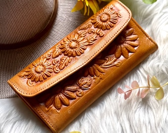 Handmade embossed Sunflowers Leather wallets for women • personalized gifts for her