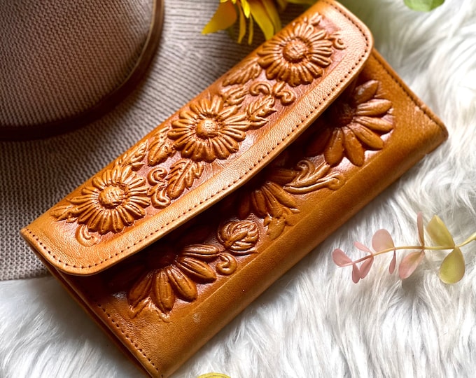 Handmade embossed Sunflowers Leather wallets for women • personalized gifts for her