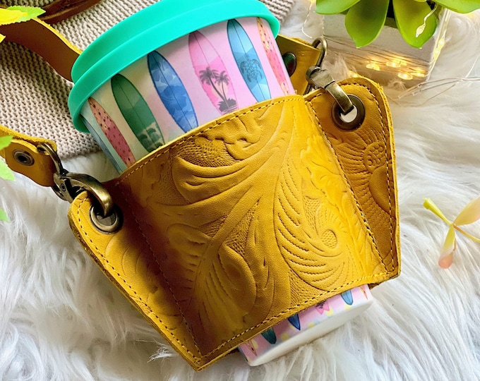 Cute tooled leather coffee cup holder • Coffee cup sleeve reusable • Coffee Purse • coffee lovers gifts • gifts for her