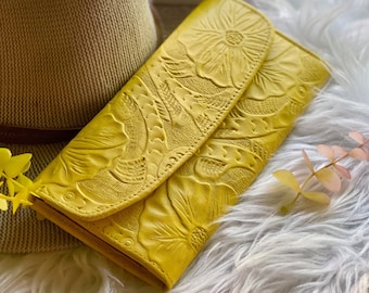 Handcrafted Leather Trifold Wallet for Women • Boho Floral, Personalized Gift