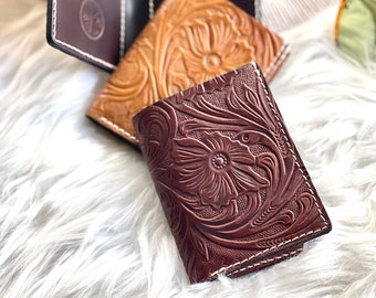 Tooled leather credit card holder • credit card wallet • small wallet women • leather gifts for her