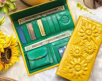 Personalized Sunflowers Leather Wallet for Women • Engraved name wallets • Sunflowers Gifts • Cute Wallets