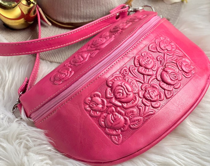 Embossed Roses Leather Waist Bag • Fanny Pack Leather • Belt Bag Women • Chest Bag • Boho Hip Bag • Handmade Gift for Her