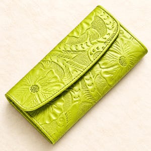 Embossed Hibiscus Leather Wallet for Women, Personalized Long Floral Wallet, Lime Green Boho Gift