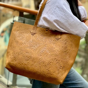Floral leather tote bag • leather tote purse • shoulder bag • large tote bag • personalized gifts