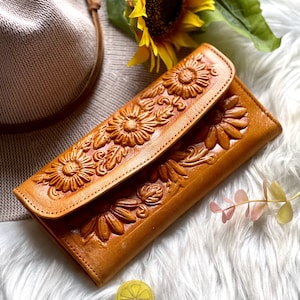 Carteras de cuero para girasoles en relieve hechas a mano para mujer • regalos personalizados para ella