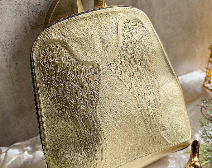 Angel Wings Leather Backpack for Women • Handmade Boho Statement Leather Bag • Artistic Sustainable Purse