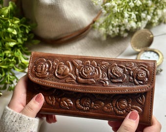 Embossed Rose Leather Wallet for Women • Personalized Vintage Style Gift