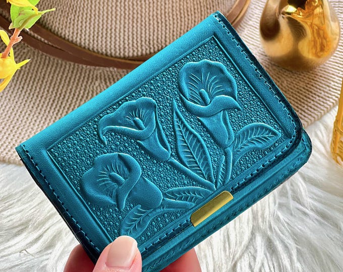 Small Leather Wallet for Women • Floral Embossed Mini Wallet, Handmade with Snap