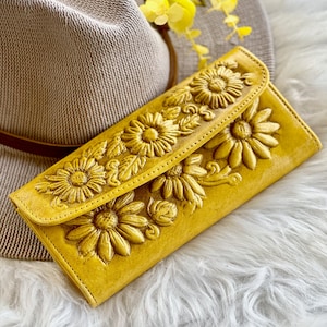 Bicolor leather wallet women's • vintage leather wallets •  wallets for women • leather Gifts •  Sunflowers gifts