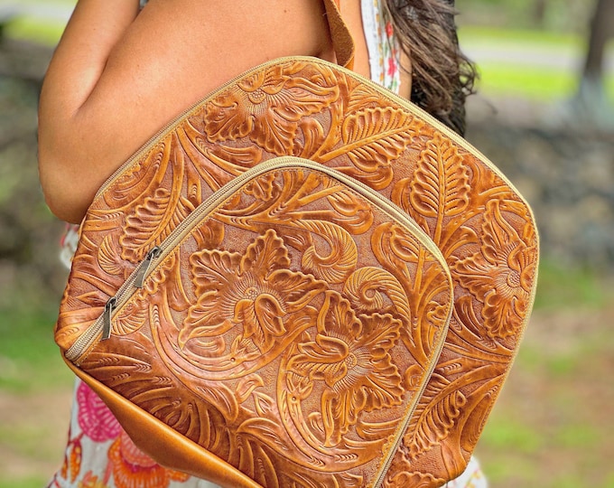 Handmade Leather Backpack Purse: Embossed Floral Travel Bag