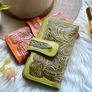 Artisan sustainable leather wallets for women • Embossed leather purse • small western wallet • gifts for her