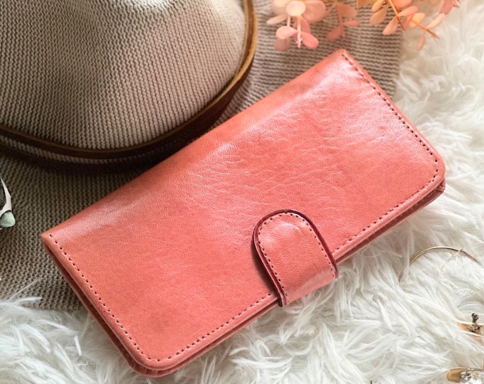 Pink Leather Bifold Wallet for Women: Handmade Personalized Wallet