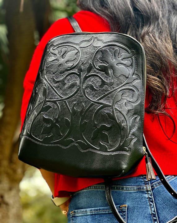 Handcrafted Floral Leather Backpack: Small Boho Travel Bag