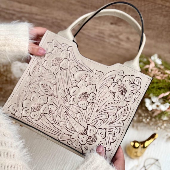 Cream Tooled Leather Bag, Floral Leather Purse, Handmade Crossbody Handbag, Boho Cottagecore Western Purse