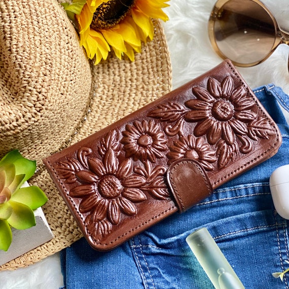 Carteras de girasoles para mujer cartera de piel para mujer carteras para mujer regalos para ella carteras marrones para mujer cartera para tarjetas de credito Etsy Espana